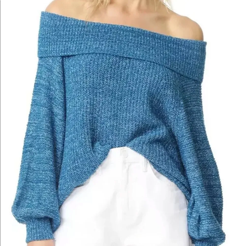 Free People Edessa Blue Balloon Sleeve Sweater Slouchy Sz XS Boho - Image 4