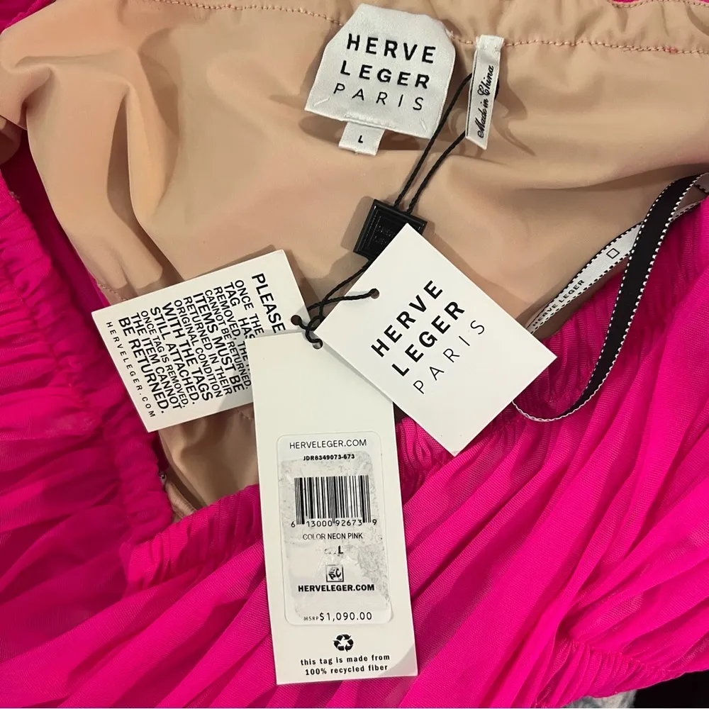 NEW NWT Herve Leger One Shoulder Draped Jersey Mini Dress In Neon Pink - Image 7