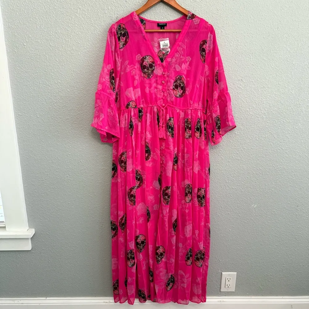 Torrid‎ Maxi Chiffon Dress Size 0(Large) Skull Print NWT - Image 3