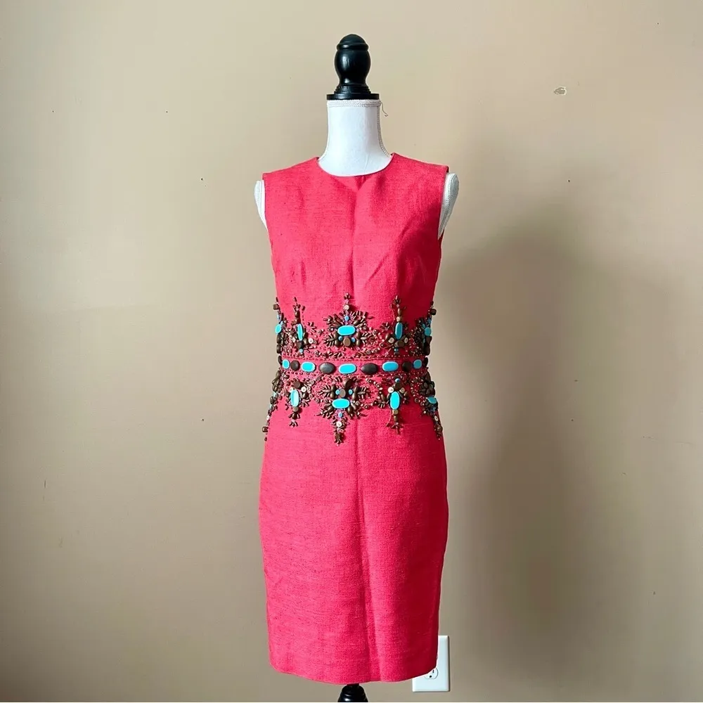 CHETTA B | Vintage Fuchsia Silk Tweed Turquoise Beaded Sheath Dress Sz 2 - Image 2