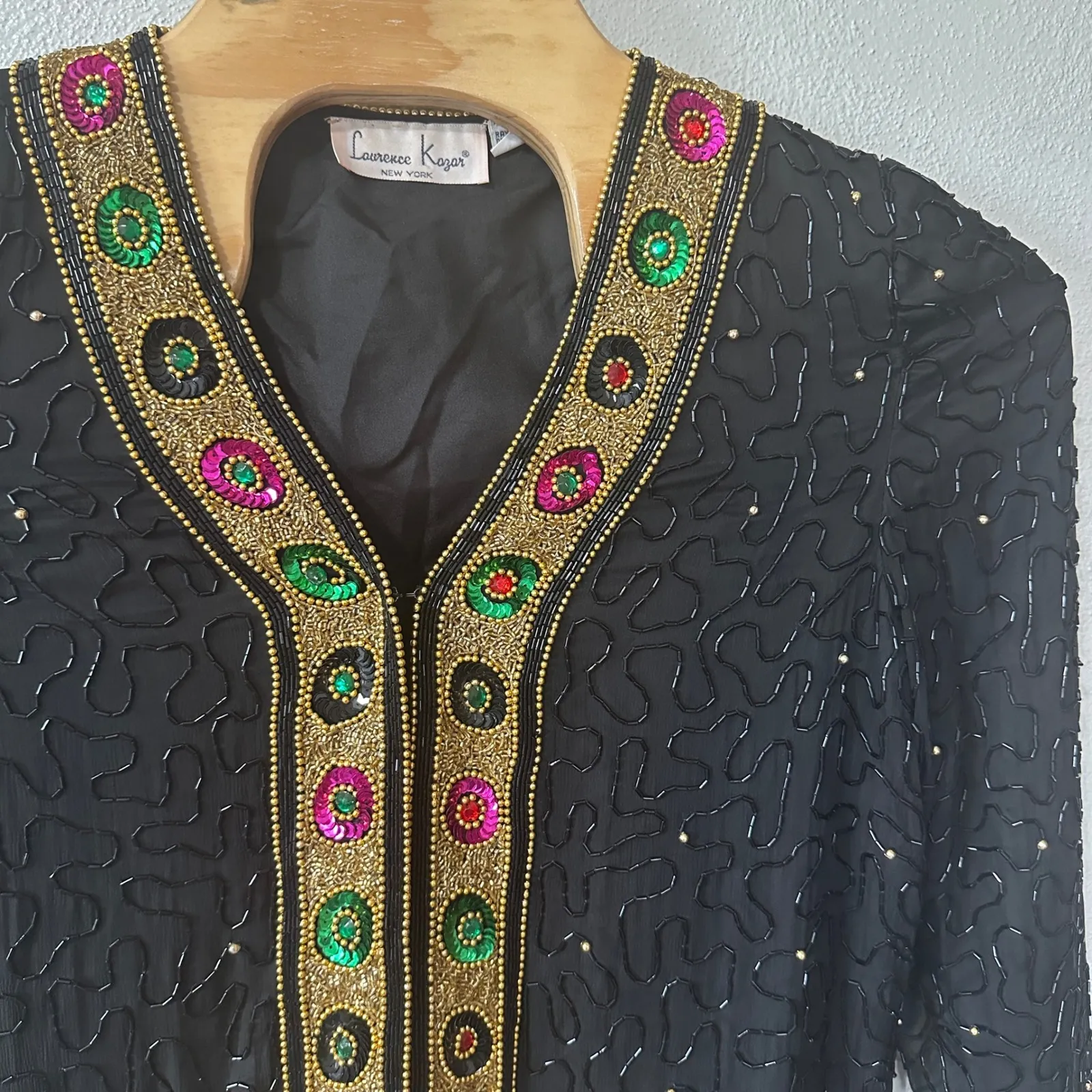 Laurence Kazar Beaded Silk Jacket Embellished Party Evening Top Black Medium - Image 2