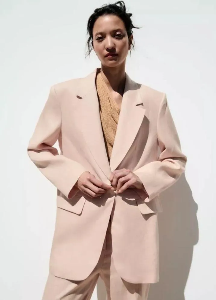 Zara LINEN BLEND ROLL-UP SLEEVE OPEN BLAZER Light Pink Size S NEW - Image 4