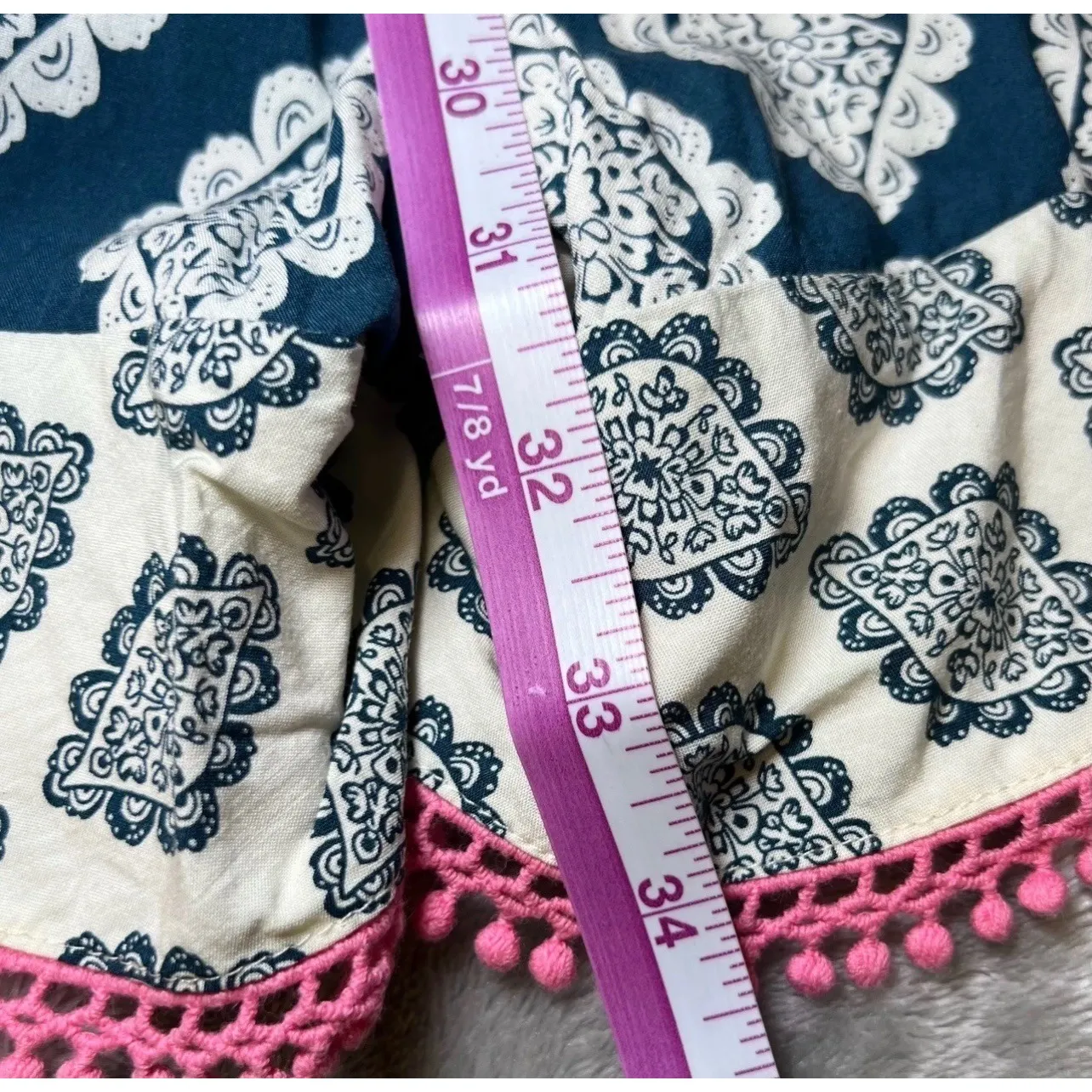 Matilda Jane Shorts Romper Womens Medium Blue White Patterned Tassels Vacation - Image 11