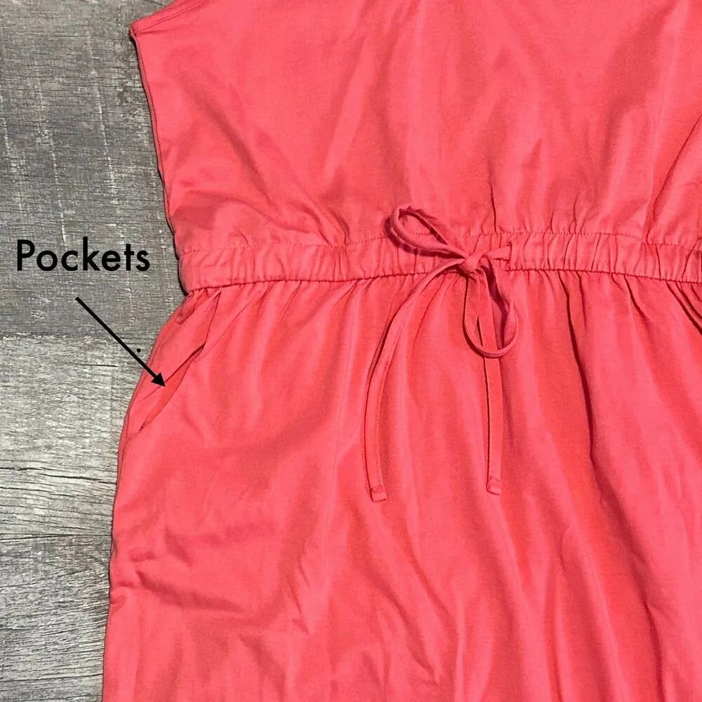 Zenana Drawstring Waist Curved Hem Midi Dress NEW Womens L Coral Pockets Comfort - Image 5