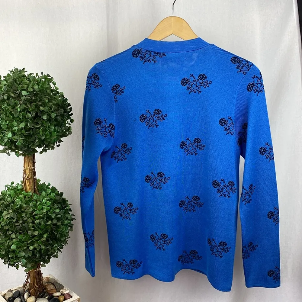 San Remo Blue & Black Knit Floral Long Sleeve Cardigan Sweater S - Image 2