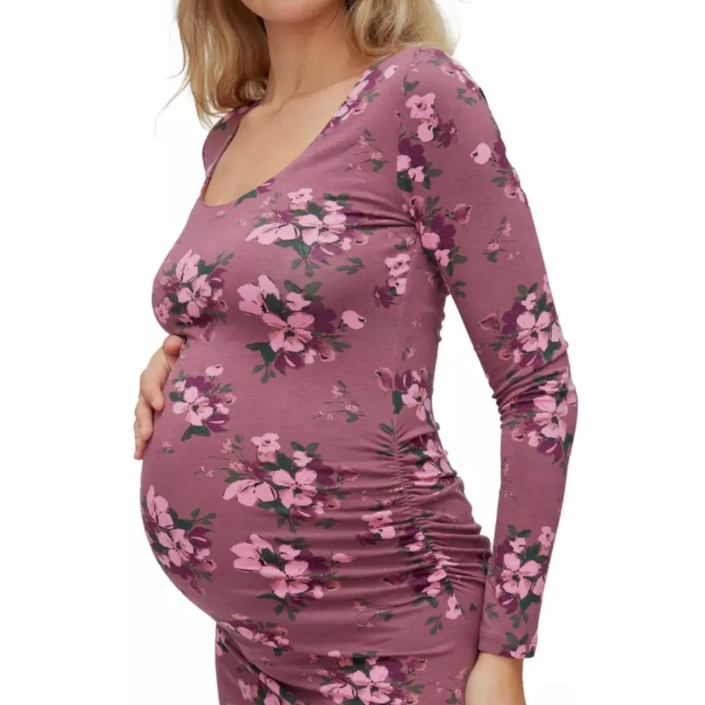 NWT Motherhood Maternity Longsleeve Side Rouched Dress color bouquet flower Purple Size 2X - Image 4