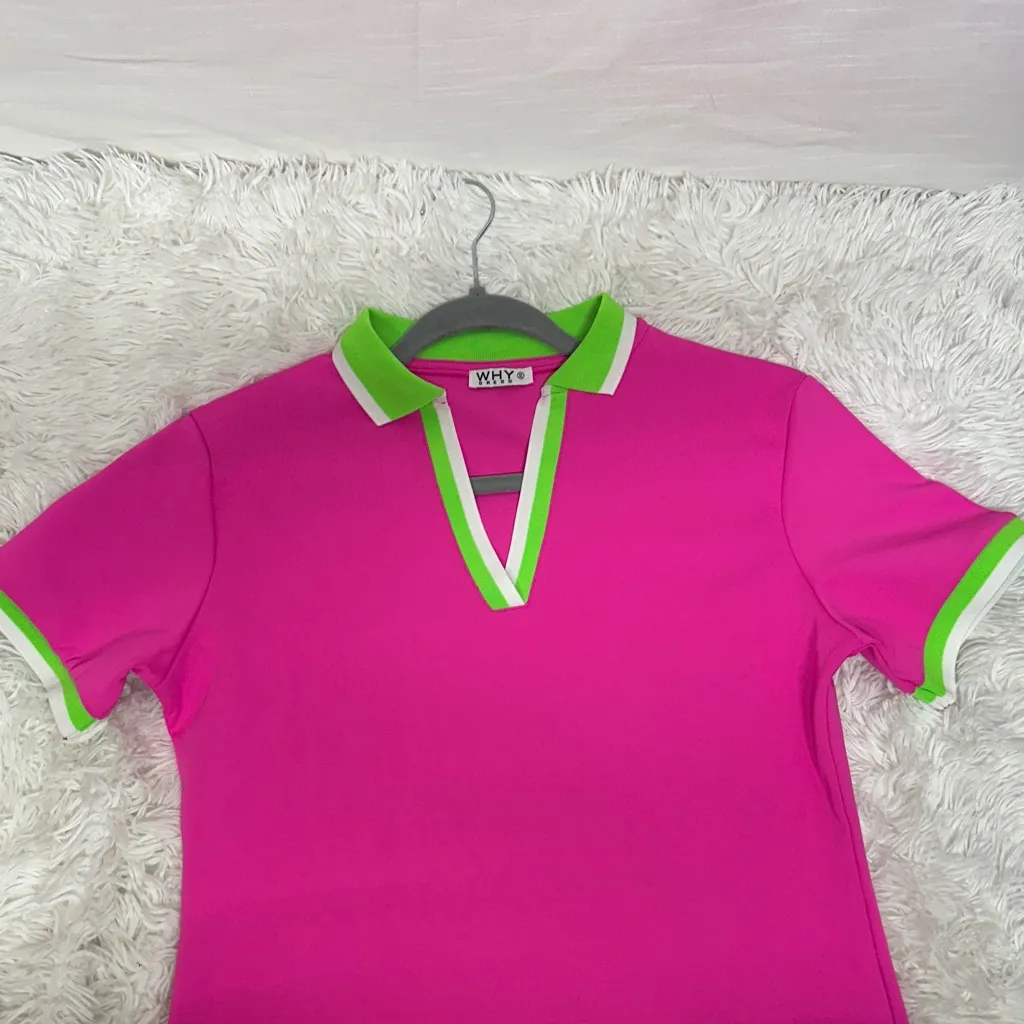 WHY Polo Mini Dress Large Stretch Fushia Pink Preppy MSRP 89 - Image 8