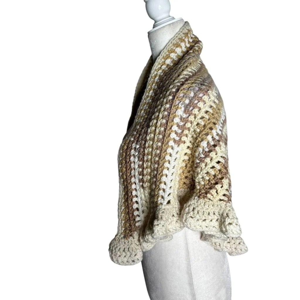 Handmade Beige Brown Cream Crochet Knit Shawl Wrap With Ruffled Edges Soft NEW - Image 3