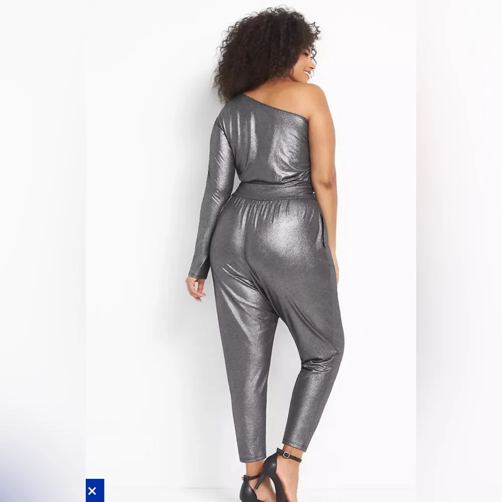 one shoulder pull on metallic black jumpsuit - Image 2
