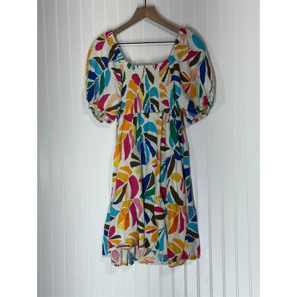 Tabitha Brown Target Puff Sleeve Dress M Linen Blend Rainbow Leaf Print Boho Blue Size M - Image 3