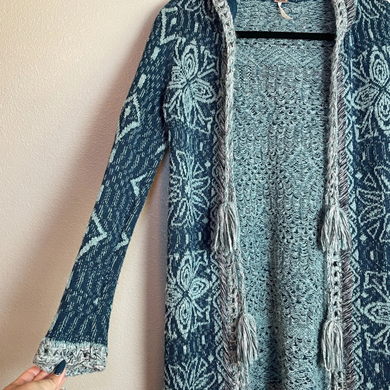 Free People Size XS Kai Pom Tapestry Cardigan Sweater Blue Boho Festival Peasant - Image 3