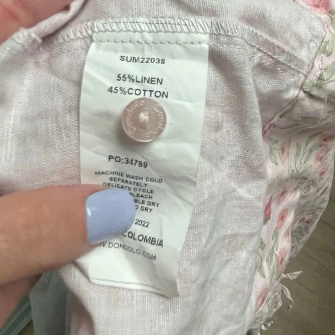 Dondolo Smocked Strawberry Linen Blend Dress Open Back Sz Medium Floral Ruffle Pink - Image 7