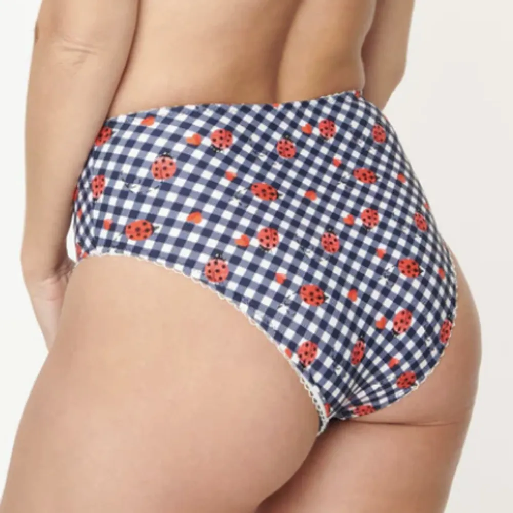 Unique Vintage Navy Gingham & Ladybug Print Daphne Swim Bottoms, Size 1X - Image 2