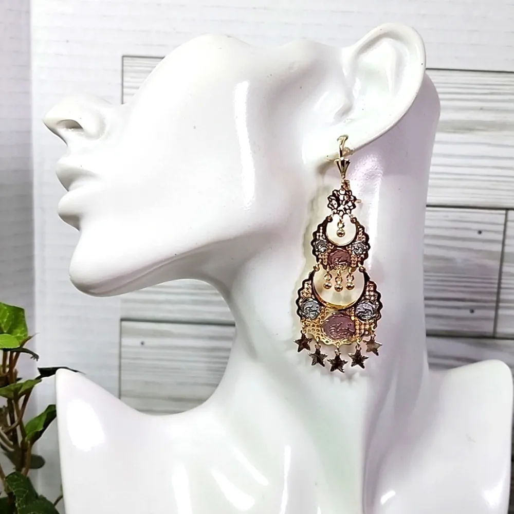 Boho Tricolor Gold Big Dangling Chandelier Filigree Earrings - Image 8