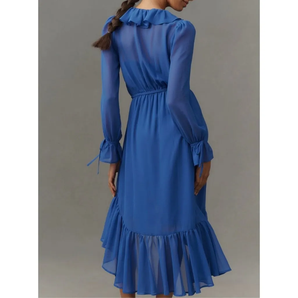 Anthropologie Long-Sleeve Ruffled Asymmetric Midi Dress Size S Blue - Image 2