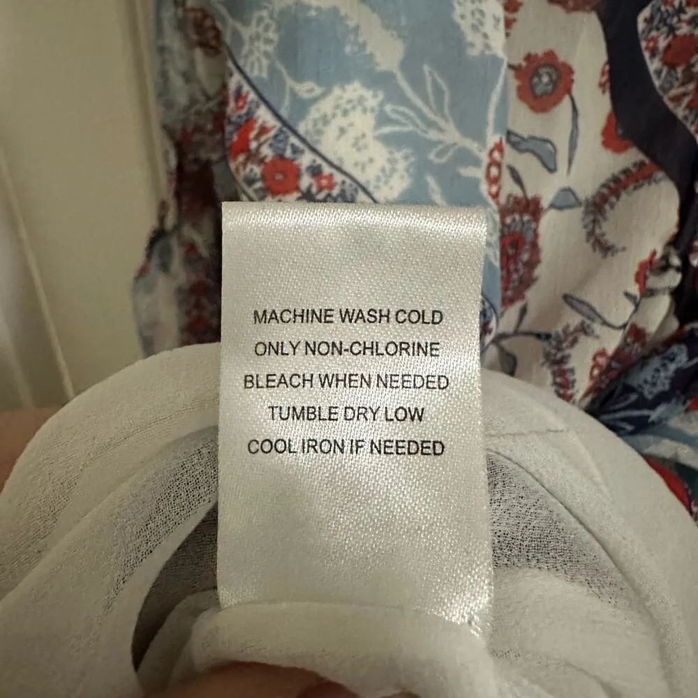 Daniel Rainn Gleeson Tab Sleeve Pleated Front Blue Red Floral Popover Blouse M - Image 9