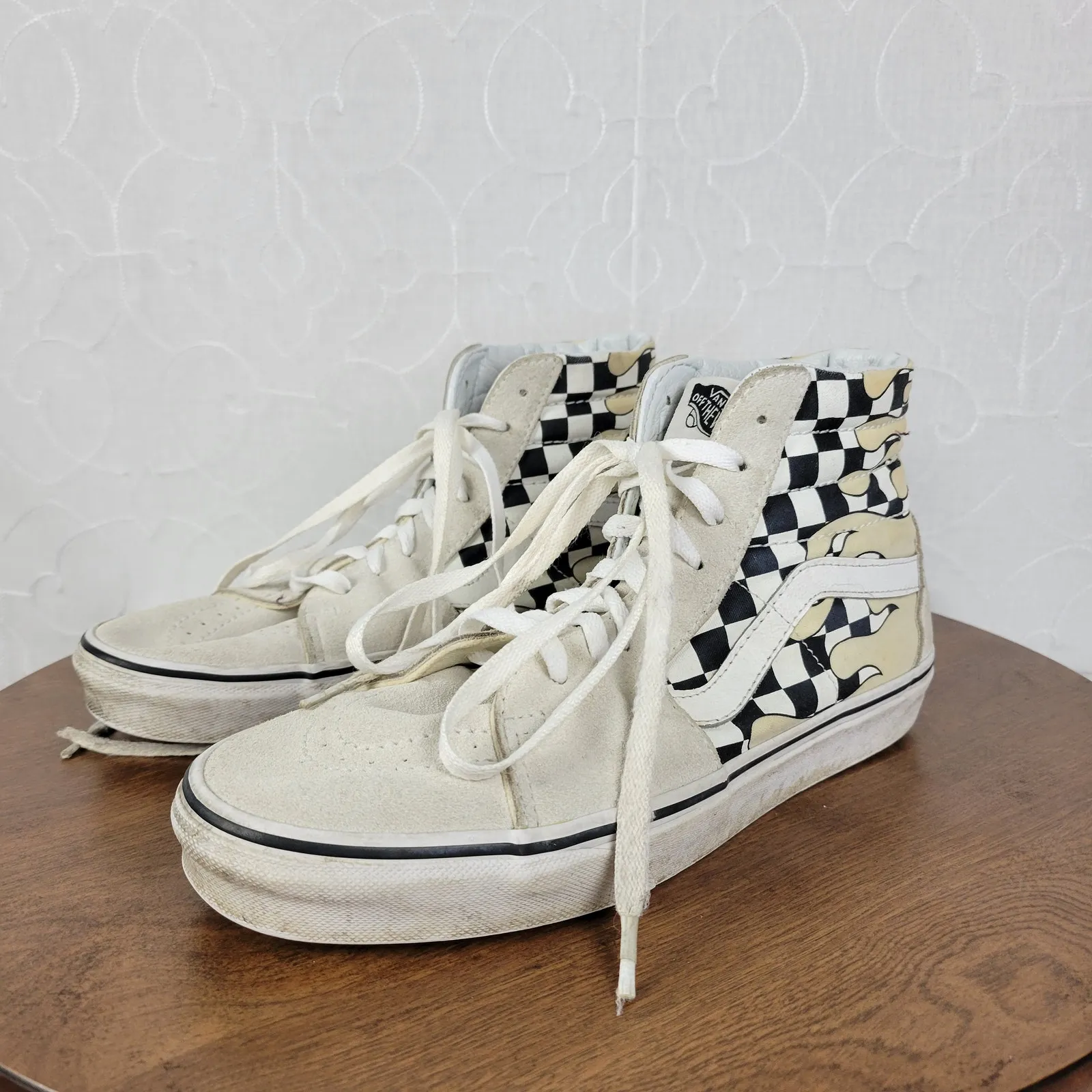 Vans Unisex Sk8 Hi Mens Skate Shoes 8 Cream Suede Checker‎ Flame Classic Sneaker - Image 2