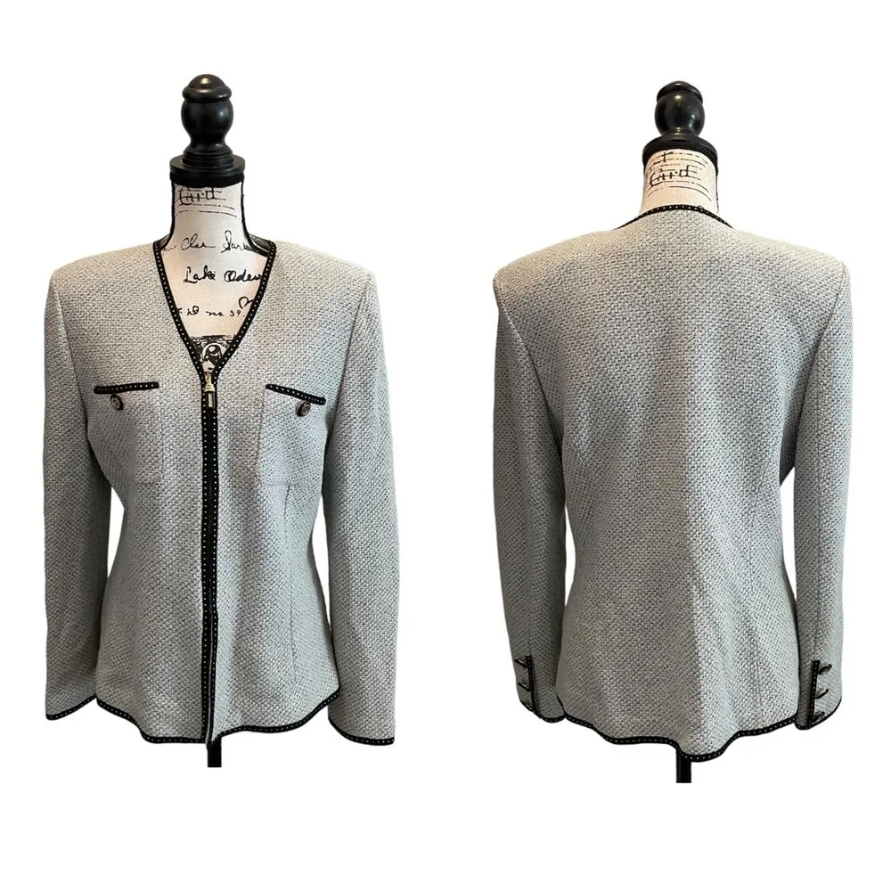 St. John Collection Tweed Knit Blazer Jacket Blue Size 12 zip formal luxury - Image 12