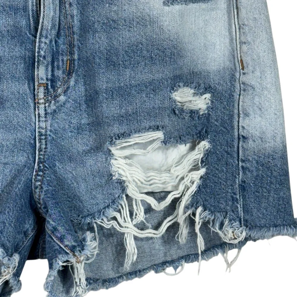American Eagle SZ 8 Mom Jean Shorts Distressed Hi-Rise Zip-Fly Whiskered Frayed - Image 3