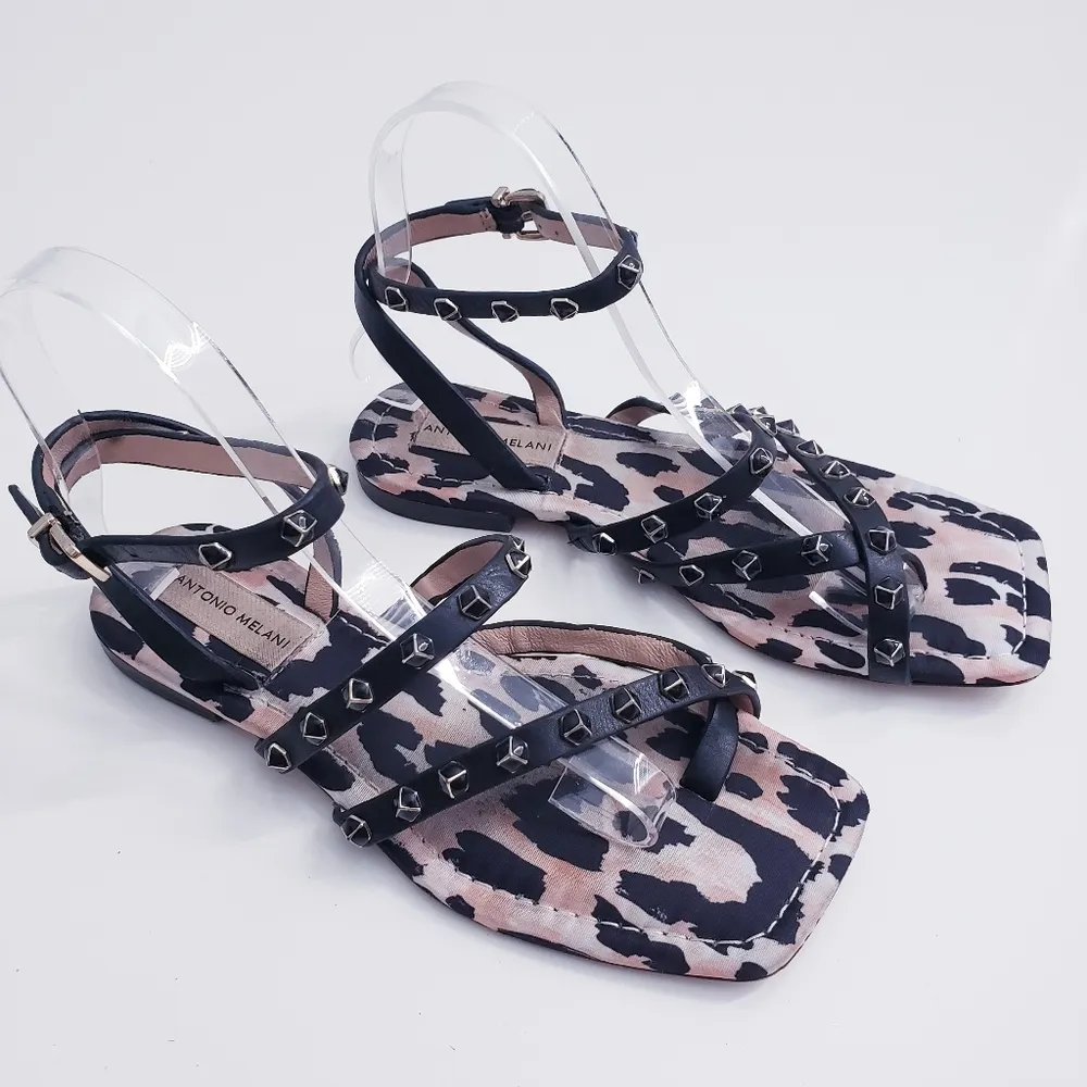 Antonio Melani Studded Ankle Wrap Square Leppard Flat Sandals - Image 2