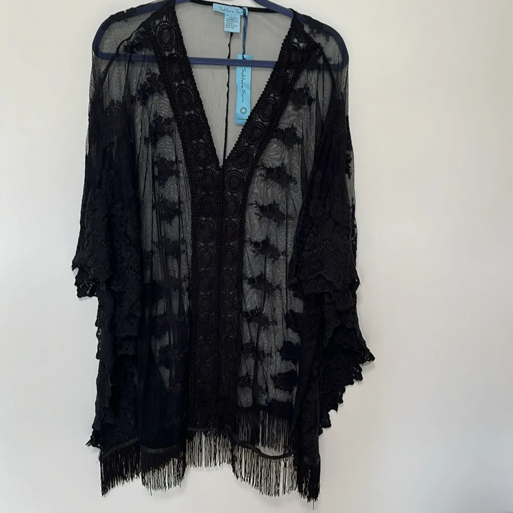 Solitaire Swimsuit Cover Up Women Black Crochet Lace Sheer Mesh Fringe T… - Image 3