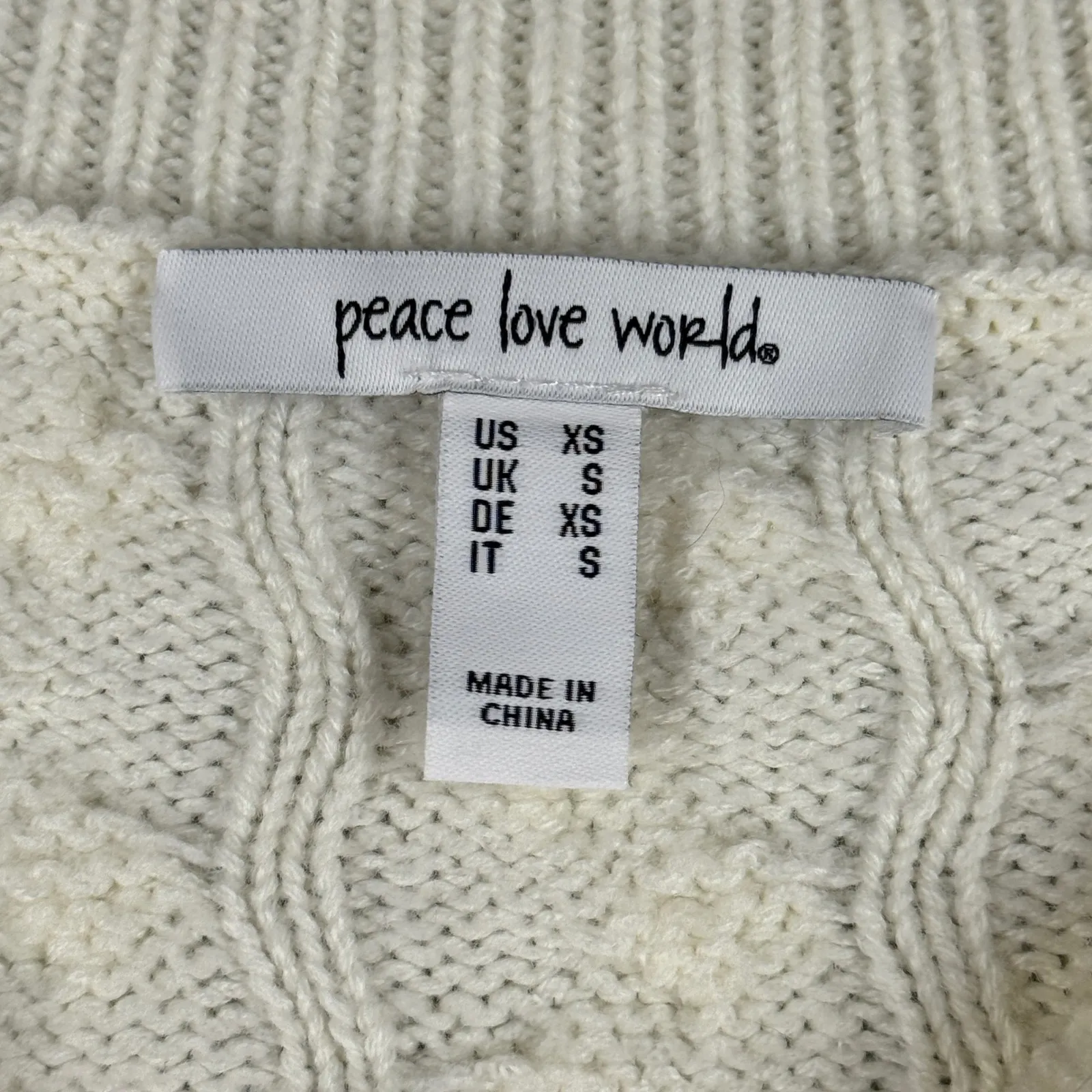 Peace Love World Sweater Cable Knit Pullover Crew Neck Warm Winter Cream XS - Image 5