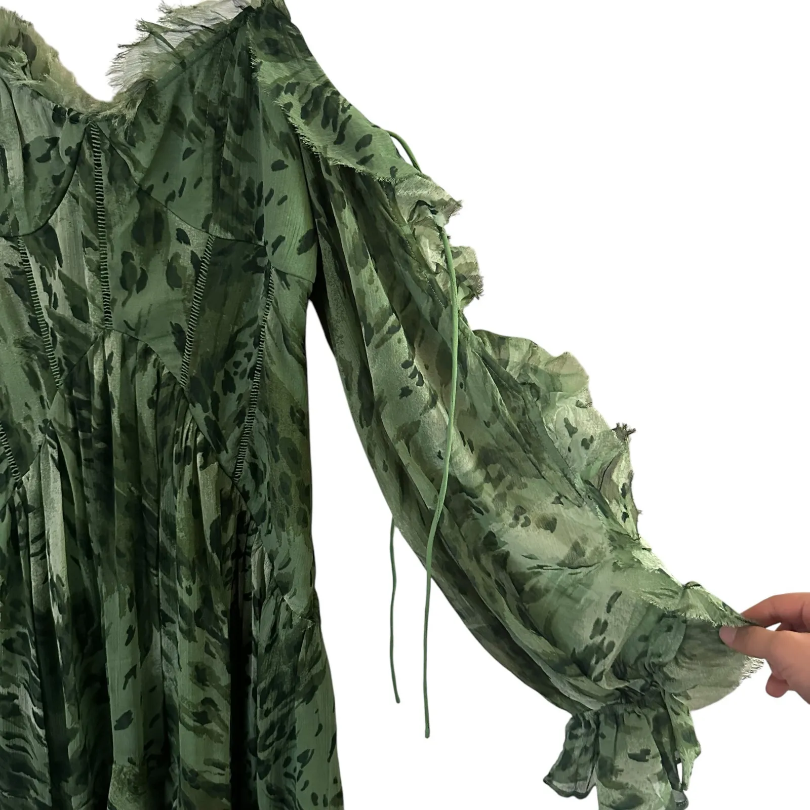 ASOS DESIGN ruffle midi dress with open sleeves and ties in green floral print - Image 6