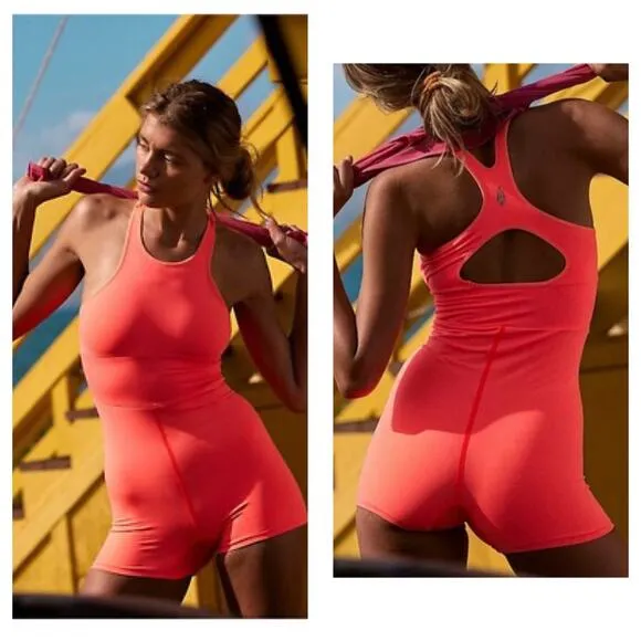 Free People FP Movement Every Single Time Runsie Size M/L Neon Coral Romper - Image 2