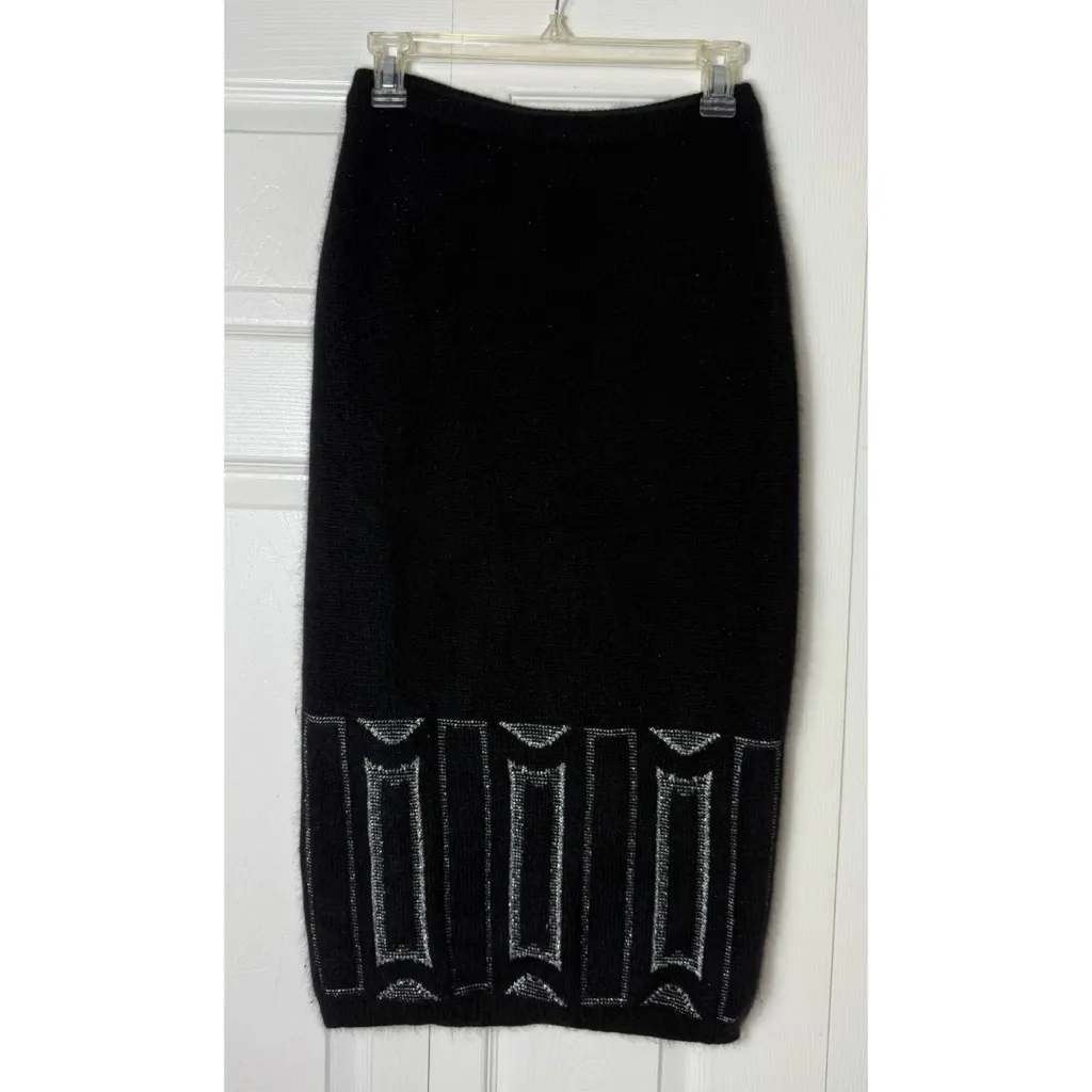 EREZ Black Silver Angora Rabbit Fur Lambswool Knit Midi Skirt Size Medium - Image 3