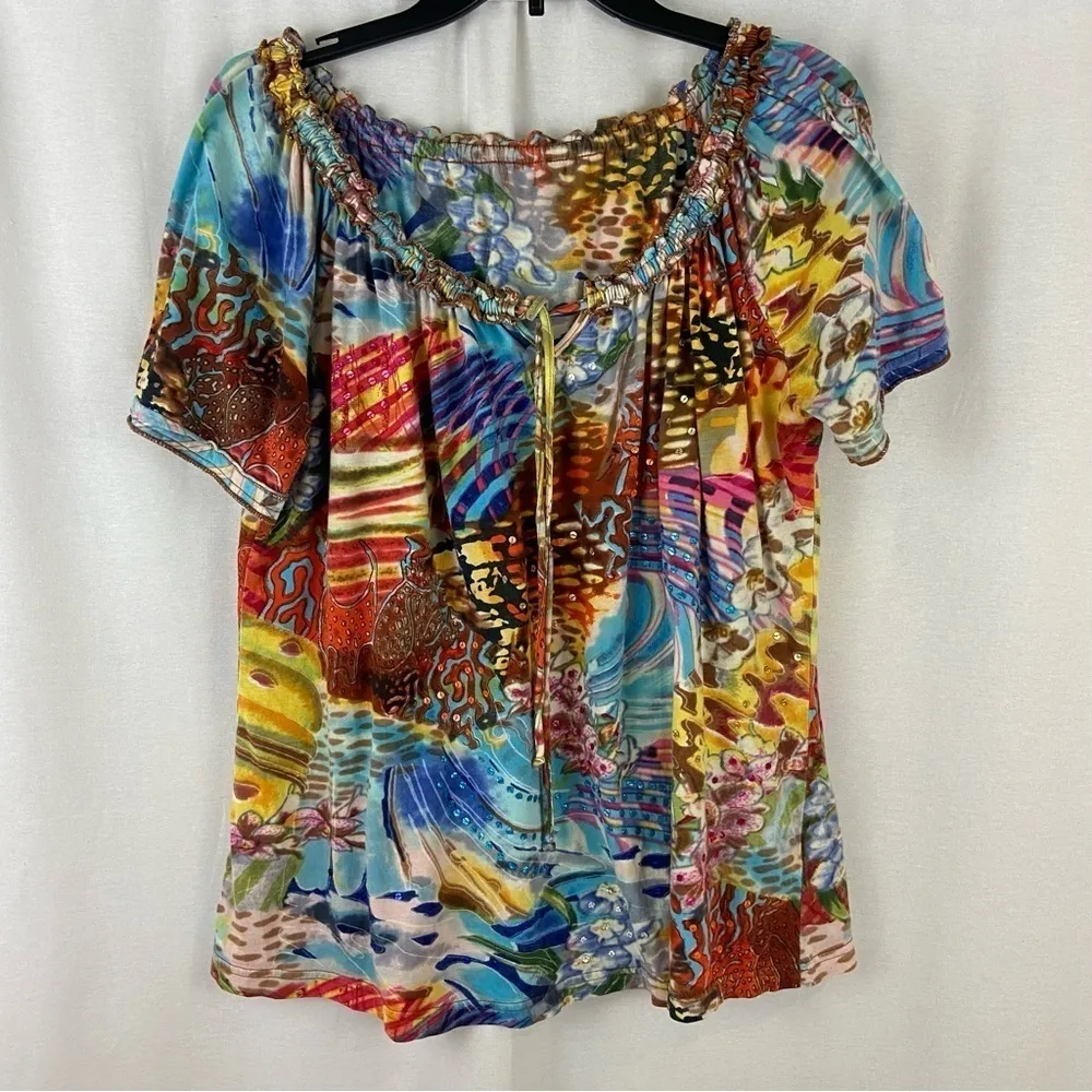 Christopher & Banks Bold Colorful Floral Sequins Tie Neck Flowy Cotton Top - Image 12