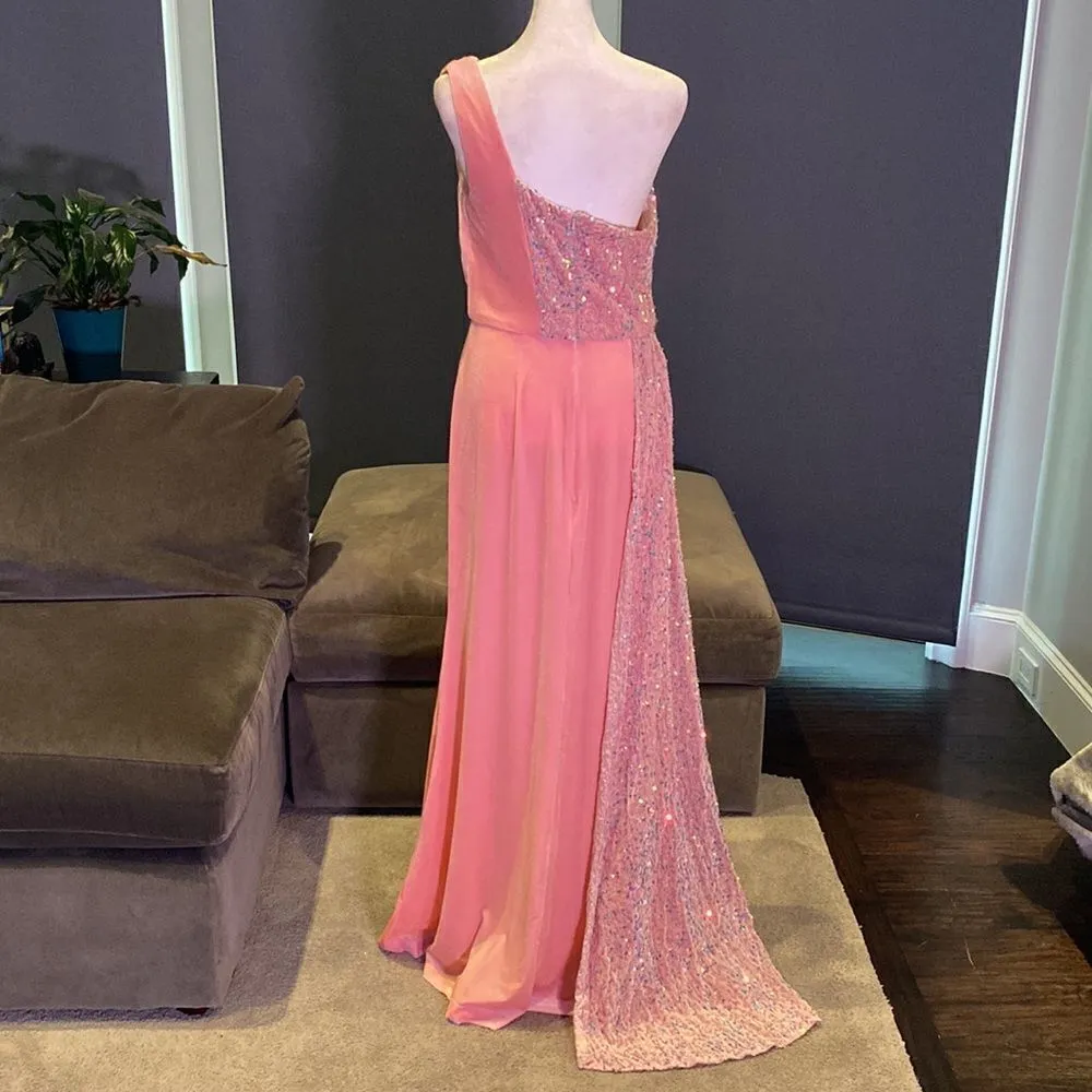 Women’s Full Length One Shoulder Pink Velvet Sequined Dress Leg Slit Size 12 - Image 6