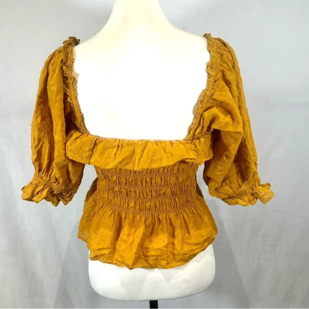 Indigo rising 100% cotton mustard yellow clip dot smocked peplum top size large - Image 3