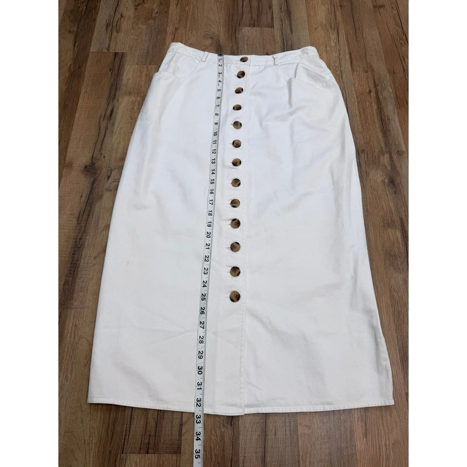 Harvé Benard White Button Front Midi Skirt Cotton Twill High Waist - Image 6