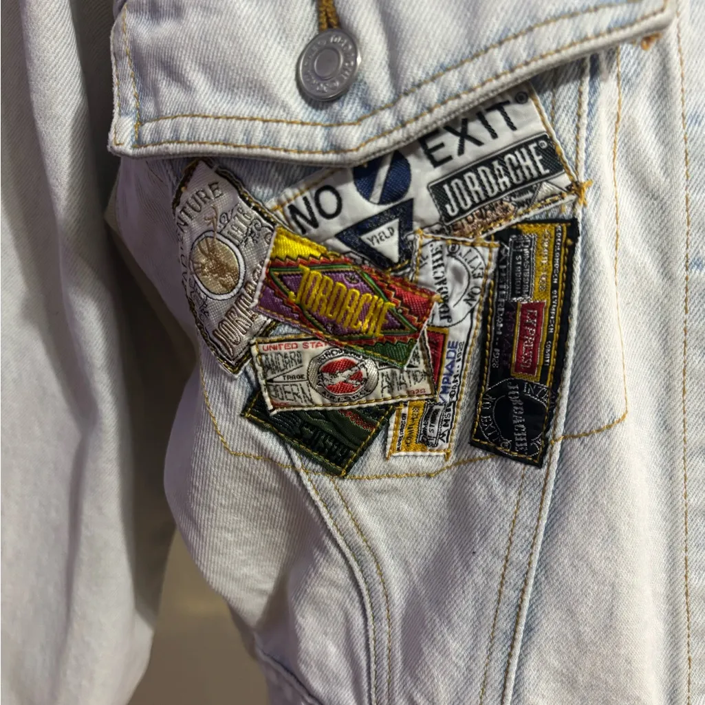 Vintage Jordache 80s 90s Cropped Acid Wash Denim Jacket Patchwork Embroidered - Image 2