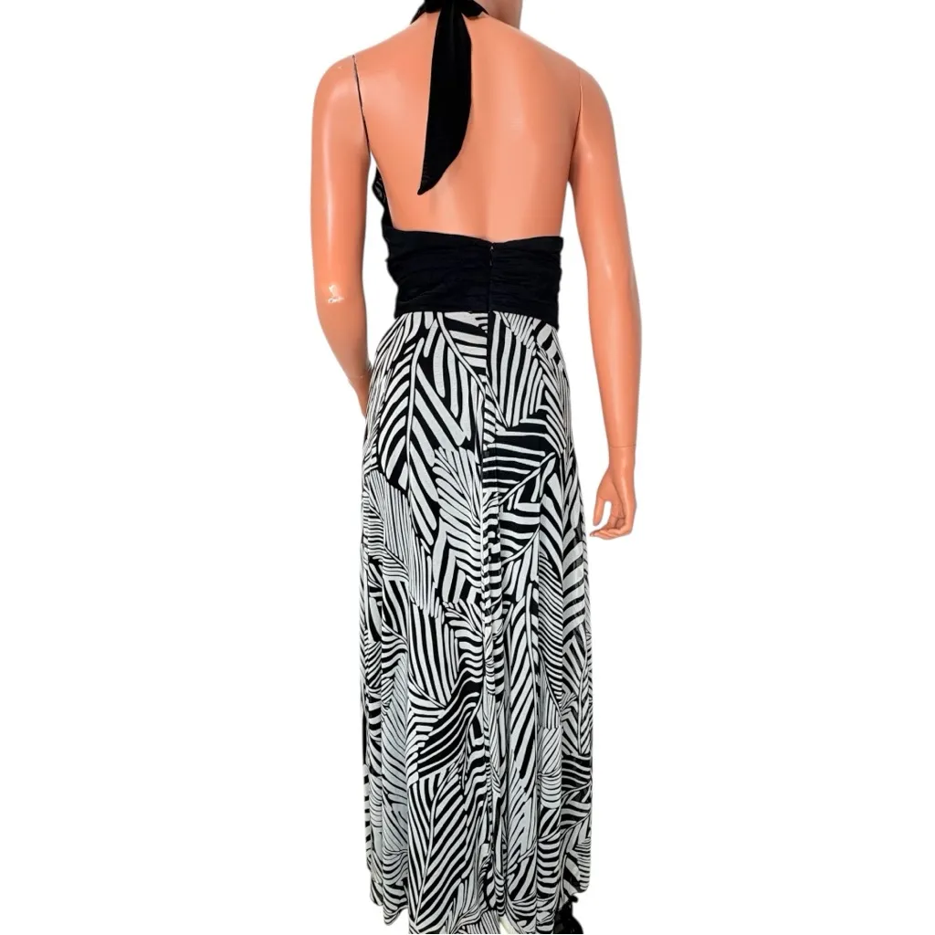 Y2K Mesh Plunging Halter Maxi Dress Womens Sz 6 Black & White Graphic Leaf Print - Image 2
