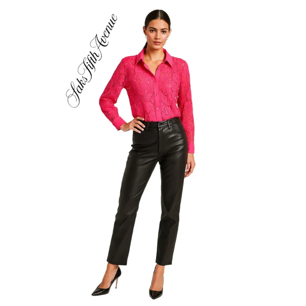 Saks Fifth Avenue Womens Pink Lace Sheer size L Long Sleeve Button Floral Mesh - Image 2