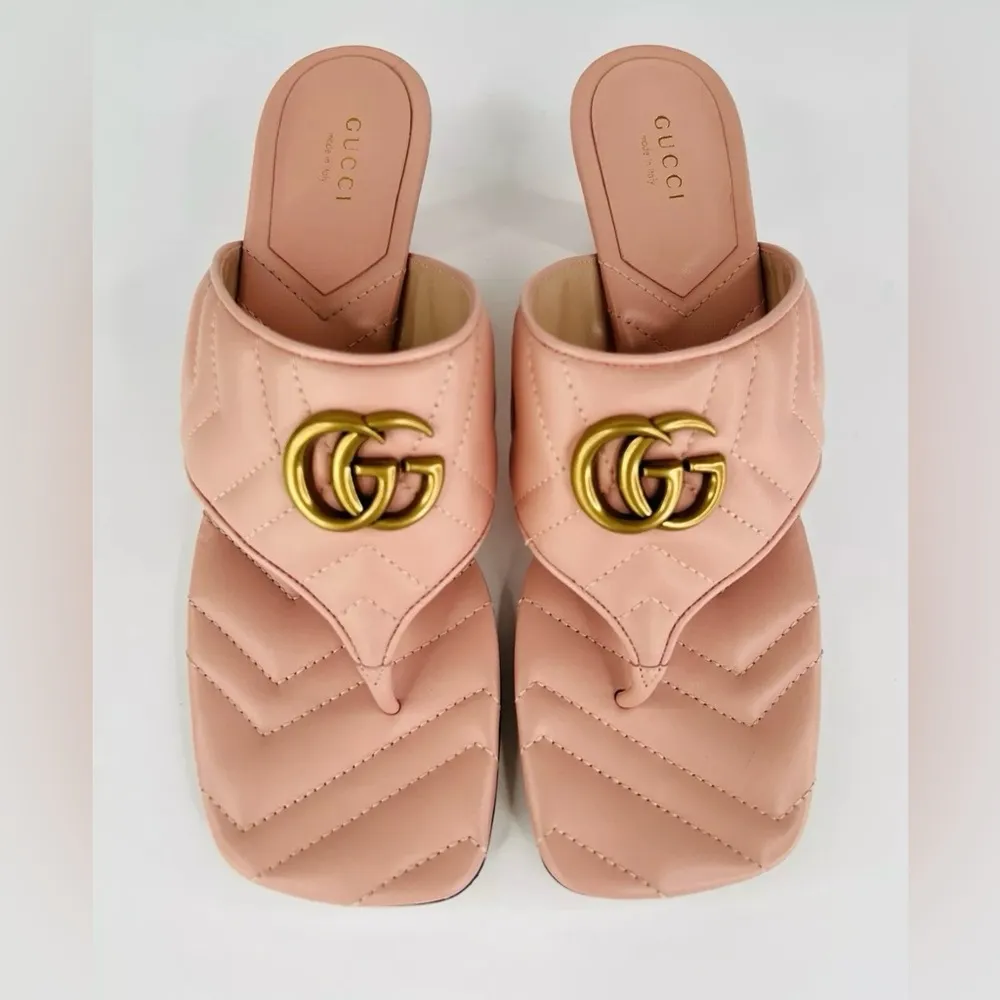 Gucci Marmont Double G Chevron GG Logo Pink Thong Mule Sandals Size EU 40.5 - Image 4