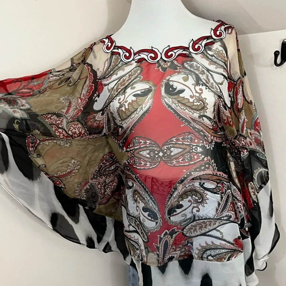 Alberto Makali Vintage Y2K Sheer Scarf Style Mixed Print Top M Red Size M - Image 2