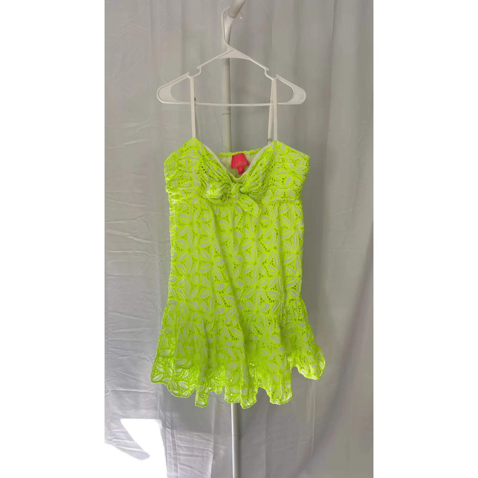 $185 Lilly Pulitzer Briana Bright Neon Eyelet Bow Tiered Mini Dress Size 12 - Image 3
