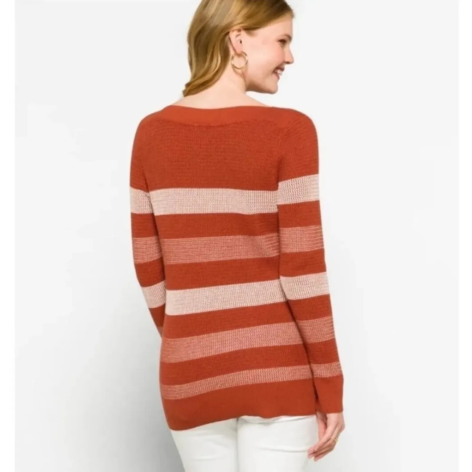 Market & Spruce‎ Tawnee Cotton Blend Rust & White Stripe Waffle Sweater Sz L NEW - Image 3