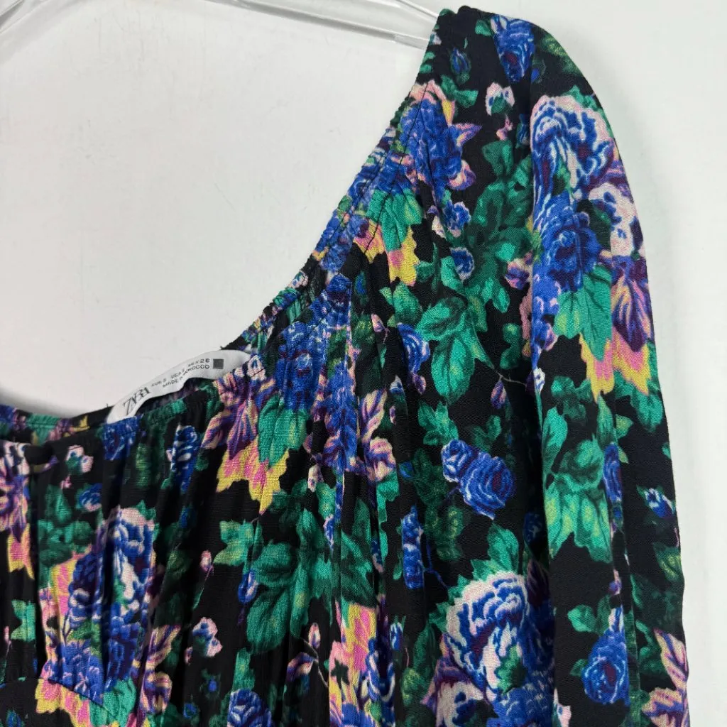 Zara Floral Long Sleeve Midi Dress Black Size Small S EUC - Image 6