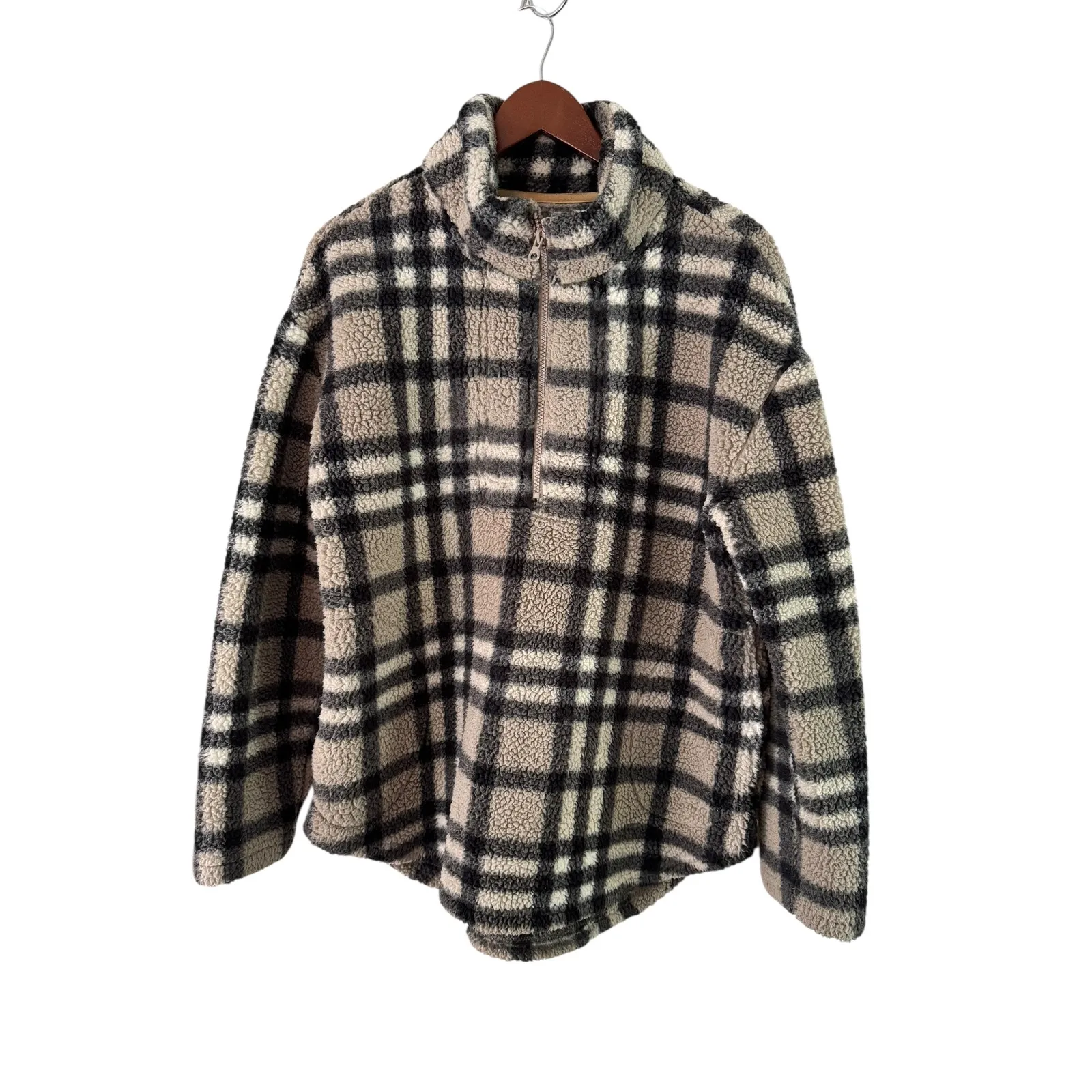 Koolaburra by UGG Plaid Fleece‎ Pullover Quarter Zip Jacket Women's Medium Tan - Image 7