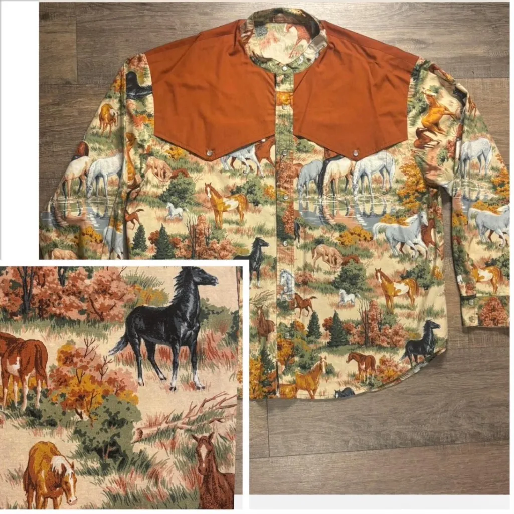 Vintage Handmade Pearlescent Button Down Long Sleeve Blouse Top Horse Print 3XL - Image 2