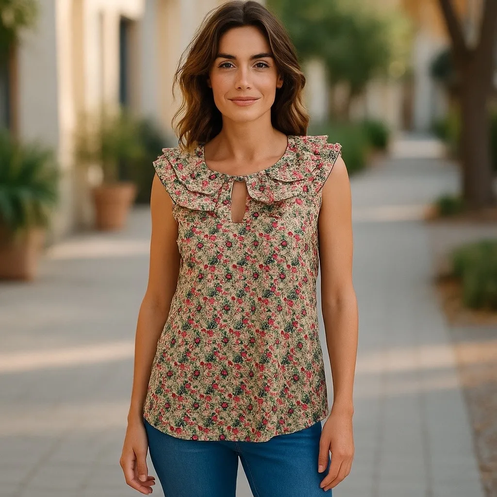 Liberty of London Floral Ruffle Sleeveless Blouse Women Sm Coquette Boho Beach Green - Image 3