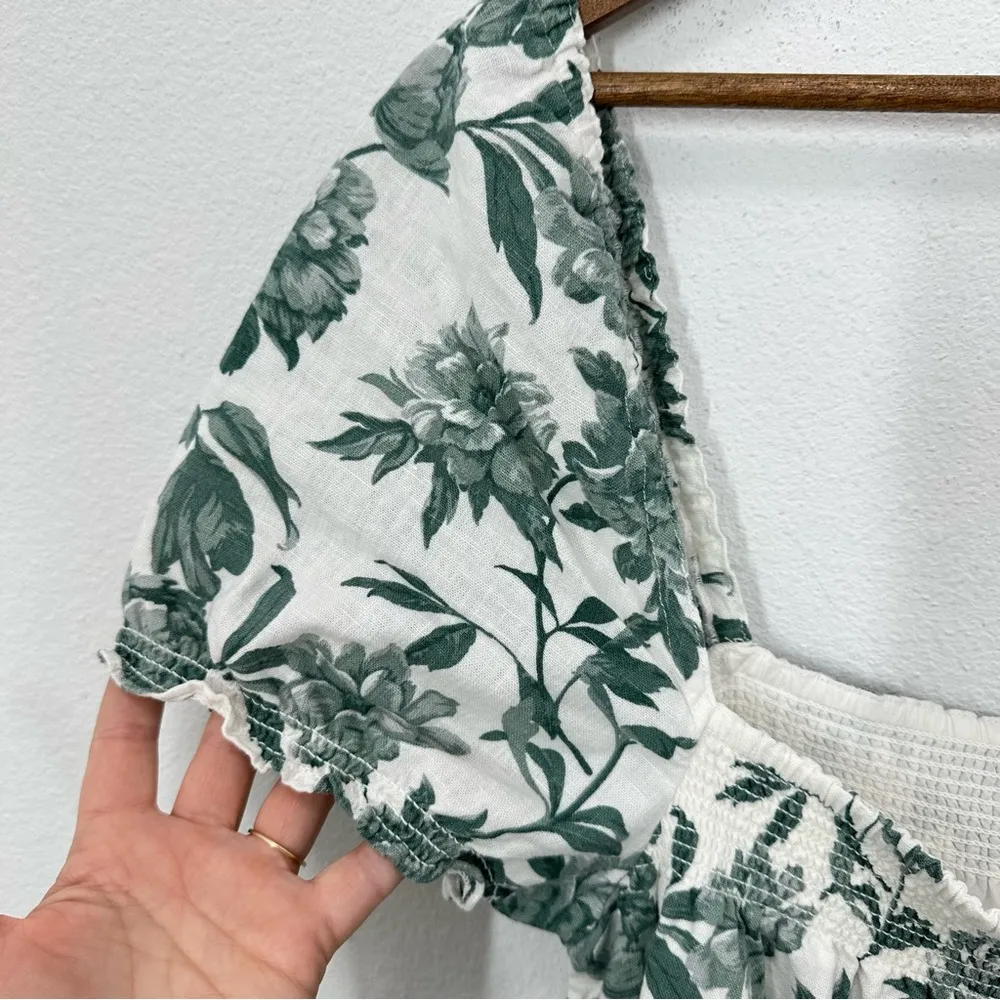 Abercrombie & Fitch Size Large Smocked Milkmaid Linen Blend Green White Dress - Image 5