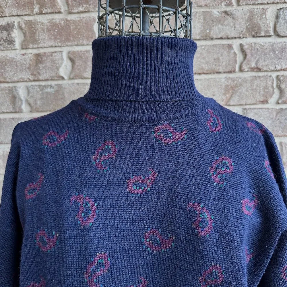 Vtg 80's Tricots St.Raphael Turtleneck Sweater Sz M? Paisley Navy Pure N… - Image 2