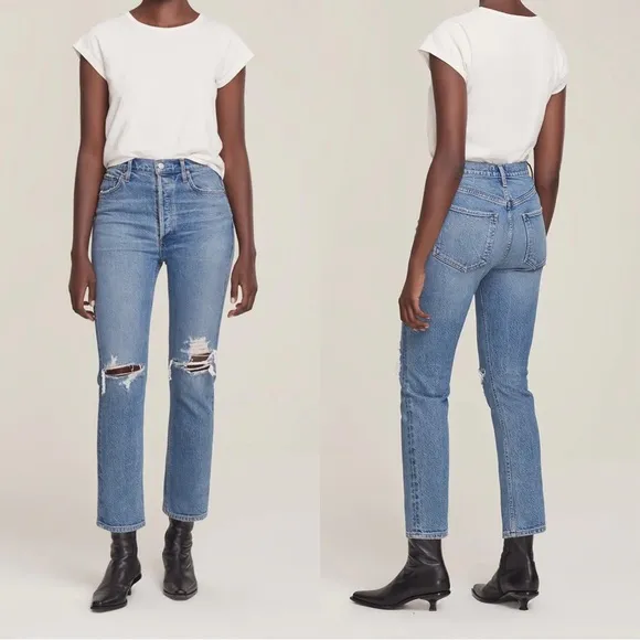 AGOLDE • Riley High Rise Straight Jean in Whiplash ankle distressed button fly - Image 2