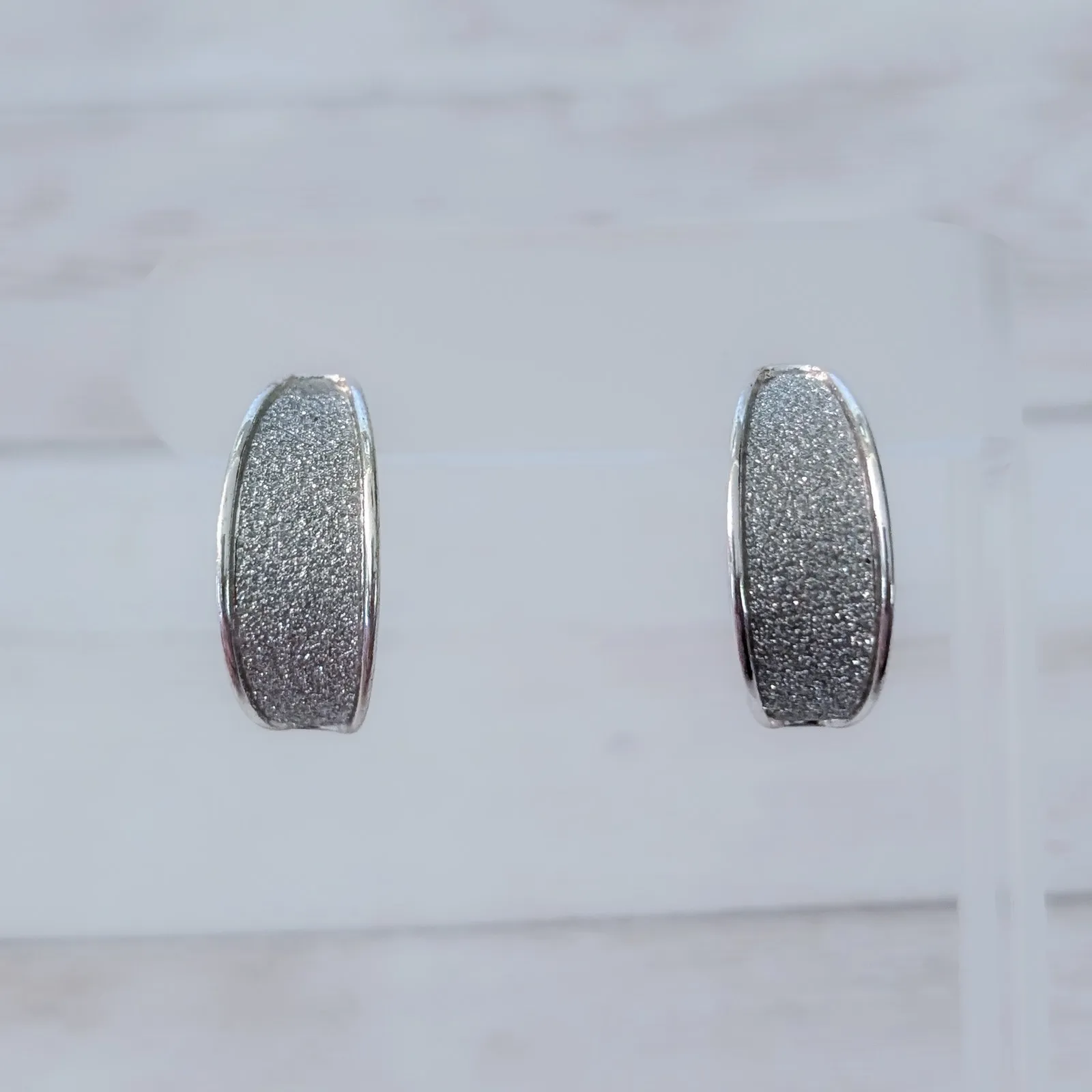 Curved Glittery Silver Tone Stud Earrings - Image 2