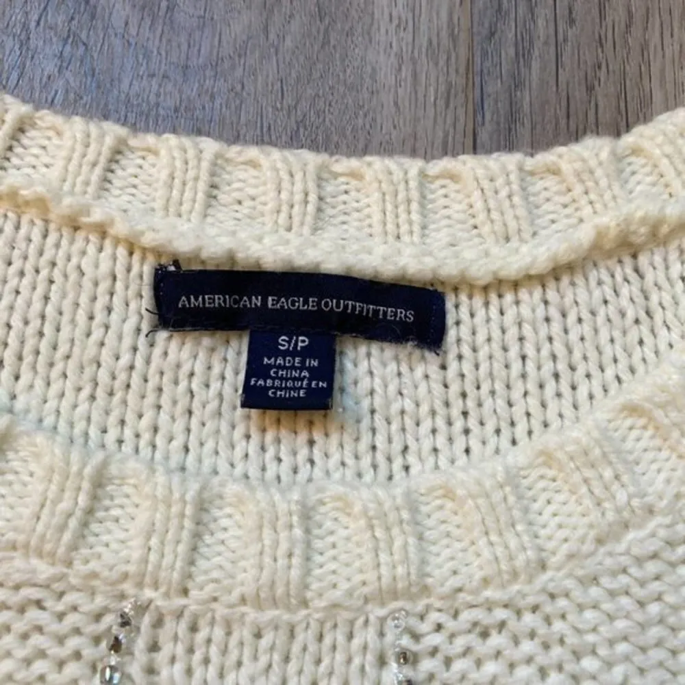 American Eagle Wool Blend Frozen Ivory Cable Beaded Sweater Size S - Image 3