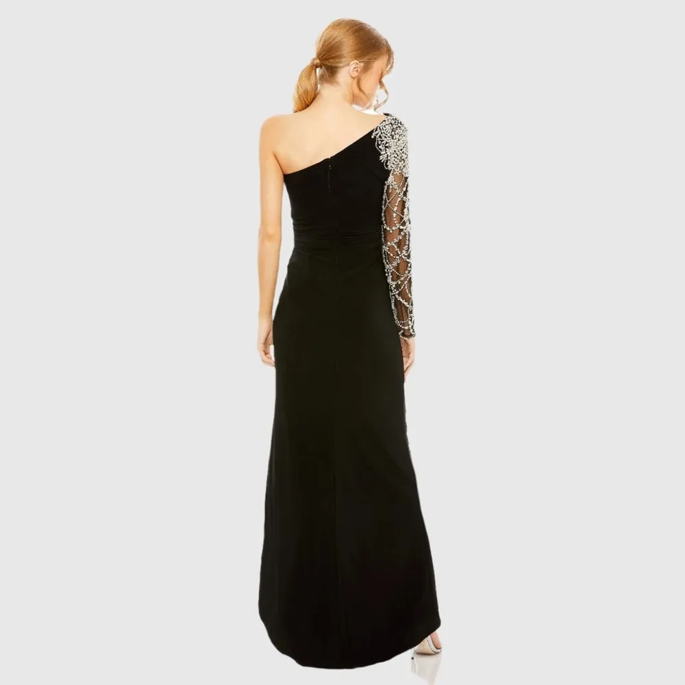 Mac Duggal Black Embellished One Shoulder Long Sleeve Gown - Image 3